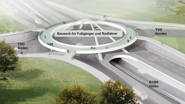 Grafik: Kreisverkehr für Radfahrer und Fußgänger an der Tangentialverbindung Ost. (Quelle: Kolb Ripke/Architekten GmbH)