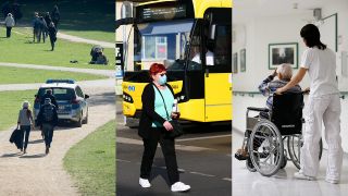 Collage: Polizeikontrolle hinsichtlich Abstandsregelungen in einem Berliner Park. Eine Frau mit Mund-Nase-Schutzmaske überquert eine Straße vor einem BVG-Bus. Eine Pflegeheim-Mitarbeiterin schiebt einen Senior im Rollstuhl über den Flur einer Pflegeeinrichtung. (Quelle: dpa/B. Pedersen)