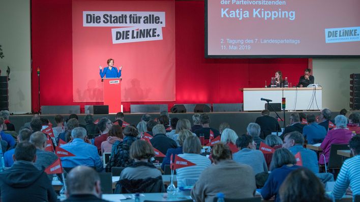 Archivbild: Katja Kipping (Die Linke), Bundesvorsitzende, spricht als Gast beim Landesparteitag ihrer Partei. (Quelle: dpa/J. Carstensen)