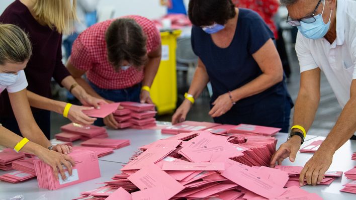 Symbolbild: Wahlhelfer bereiten die Auszählung der Briefwahl-Unterlagen vor. (Quelle: dpa/S. Hoppe)