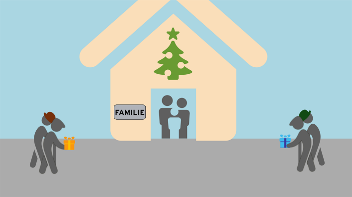 Eine Grafik eines Haushalts mit einem Tannenbaum und Menschen, die zusammen Weihnachten feiern möchten (Grafik: rbb|24Sophia Bernert)