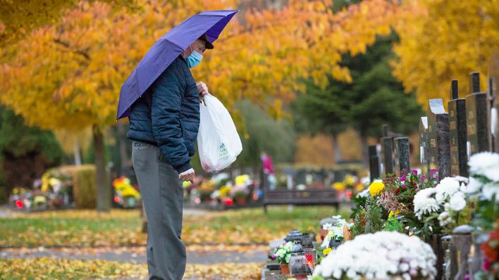 Symbolbild: Ein Mann mit Mund-Nasen-Bedeckung steht vor einen mit Blumen geschmückten Grab auf einem Friedhof. (Quelle: dpa/Svoboda)