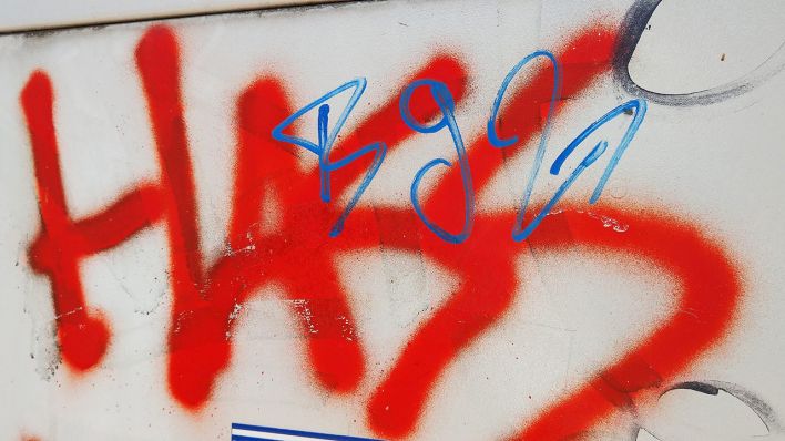 Symbolbild: Das Wort <<Hass>> steht gesprüht in roter Farbe auf einem Stromkasten in Berlin. (Quelle: dpa/W. Steinberg)