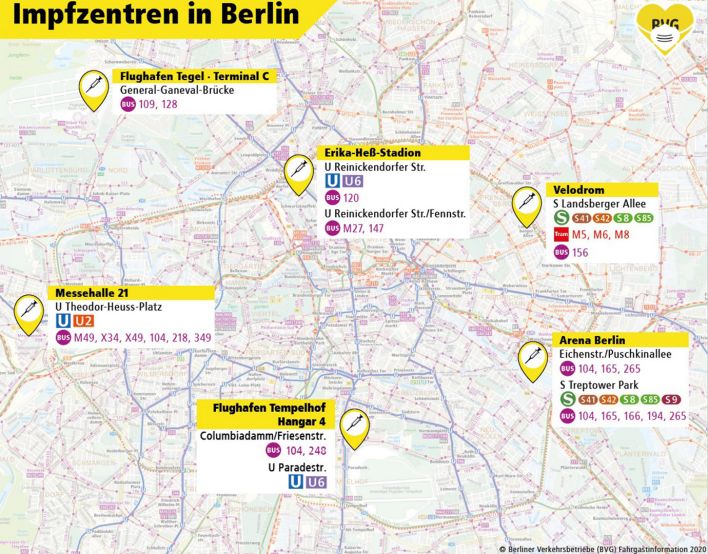 Karte: BVG-Karte zeigt die ÖPNV-Anbindungen an die Berliner Impfzentren. (Quelle: BVG)