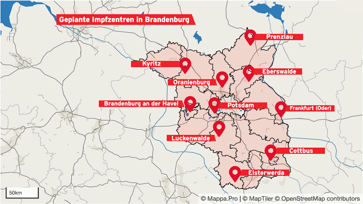 Geplante Impfzentren in Brandenburg (Quelle: mappa.pro)