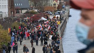 Viele Menschen nehmen am Ufer des deutsch-polnischen Grenzflusses Oder an einer Demonstration gegen Corona-Maßnahmen teil. (Quelle: dpa/Patrick Pleul)