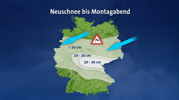 Eine Karte zeigt an, wo und wieviel Neuschnee in Deutschland zu erwarten ist (Quelle: ARD)