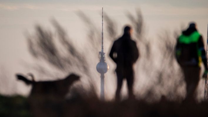 Spaziergänger mit Hund gehen nach Sonnenaufgang vor dem Berliner Fernsehturm. (Quelle: dpa/Christoph Soeder)