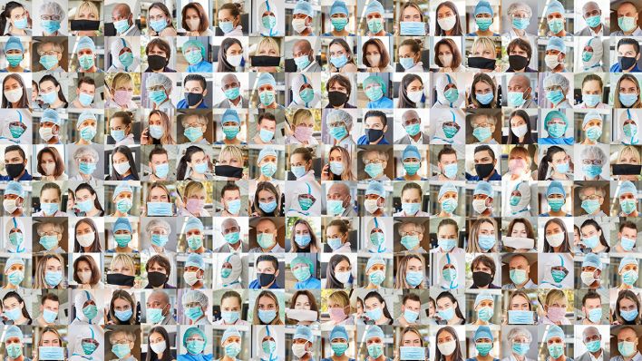 Collage: Collage aus Pflege- und medizinischem Personal mit Mundschutz. (Quelle: dpa/R. Kneschke)