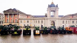 Während im Potsdamer Landtag über die Landwirtschaft in Brandenburg debattiert wird, demonstrieren vor dem Gebäude Landwirte für mehr Unterstützung. (Quelle: Stefan Oberwalleney/rbb)