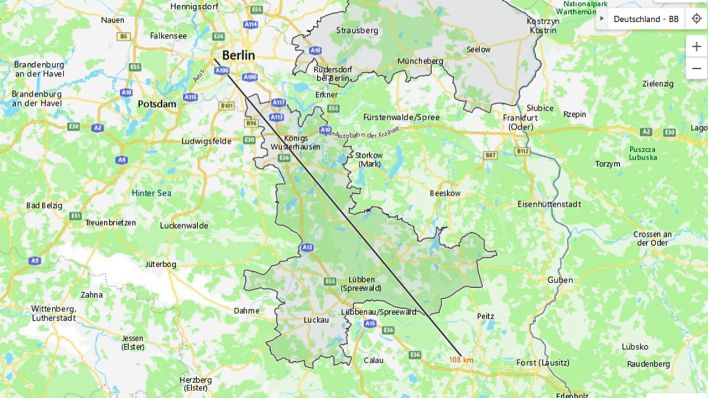 Auf einer Karte ist der Bewegungsradius für den Landkreis Dahme-Spreewald eingezeichnet (Bild: Bing Maps)