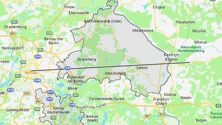 Auf einer Karte ist der Bewegungsradius für den Landkreis Märkisch Oderland eingezeichnet (Bild: Bing Maps)
