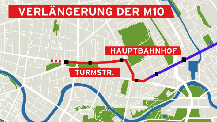 Die Karte zeigt in rot die geplante Verlängerung der Straßenbahnlinie M10 vom Hauptbahnhof bis zur U-Bahnstation Turmstraße. Die blau markierte Strecke bis zum Lesser-Ury-Weg wird bereits befahren. (Bild: rbb|24/Mappa.Pro/Map Tiler/OpenStreetMap contributors)