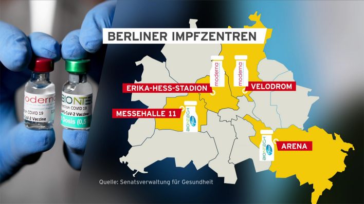 Karte: Berliner Impfzentren im Überblick. (Quelle: rbb/Senatsverwaltung für Gesundheit)