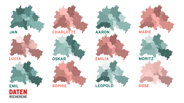 12 Berlin-Karten mit unterschiedlichen Einfärbungen der Bezirke, die jeweils einem Vornamen zugeordnet sind. (Quelle: Landesamt für Bürger- und Ordnungsangelegenheiten / eigene Berechnung; Bild: Sophia Bernert/ rbb|24)
