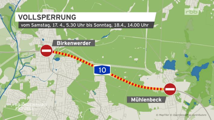 Die Grafik zeigt die geplante Sperrung auf der A10 zwischen den Anschlussstellen Birkenwerder und Mühlenbeck (Quelle: rbb/MapTiler/OpenStreetMap)