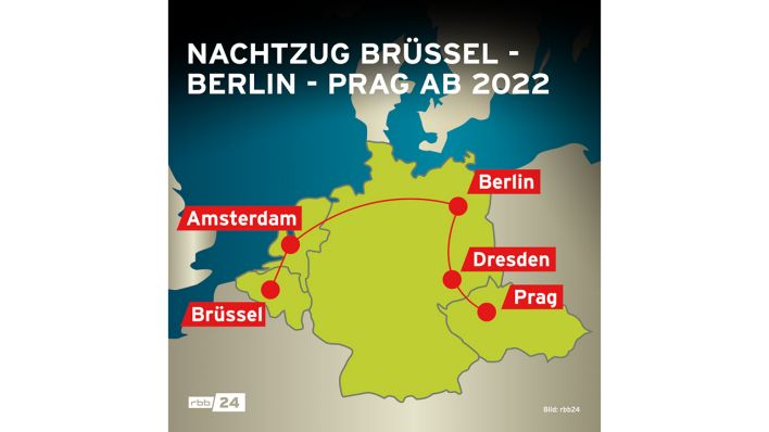 Grafik: Nachtzug-Verbindung von Brüssel über Berlin nach Prag, geplant ab 2022. (Quelle: rbb24)
