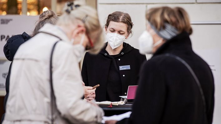 Symbolbild: Eine Mitarbeiterin des Deutschen Theater überprüft den aktuellen Impfstatus von Besucherinnen. (Quelle: dpa/Paul Zinken)