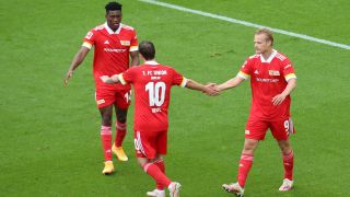 Taiwo Awoniyi, Max Kruse und Joel Pohjanpalo im Spiel gegen Leverkusen. Quelle: imago images/Jürgen Schwarz