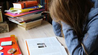 Symbolbild: Ein Kind sitzt am Schreibtisch und hält sich über Bücher gebeugt den Kopf. (Quelle: dpa/H. Ahmad)