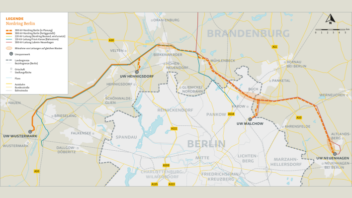 Der "Nordring Berlin", die geplante 380-Kilovolt-Höchstspannungsfreileitung zwischen den Brandenburger Umspannwerken Neuenhagen bei Berlin und Wutermark. (Quelle: 50hertz)