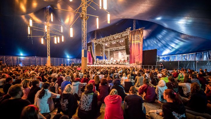 Teilnehmer:innen des Elbenwald Festivals sitzen im Sommer 2018 vor einer Bühne (Bild: Elbenwald Festival/Ilona Henne)