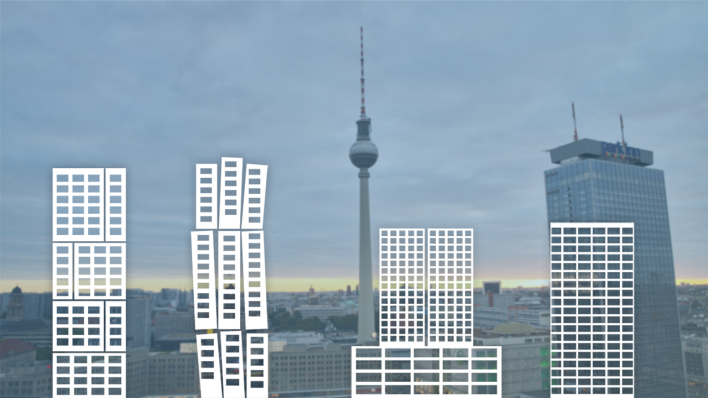 Panorama des Alexanderplatzes mit illustrierten Gebäuden im Vordergrund.(Quelle: dpa/ Annette Riedl, Grafik: rbb|24)