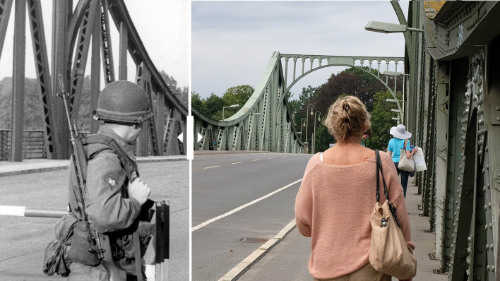 Die Glienicker Brücke im September 1962 und im August 2021. (Quelle: dpa/rbb|24/Winkler)
