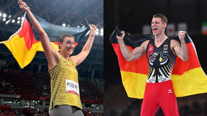 Kristin Pudenz (l.) und Lukas Dauser (r.) feiern ihre Silbermedaillen. Quelle: imago images