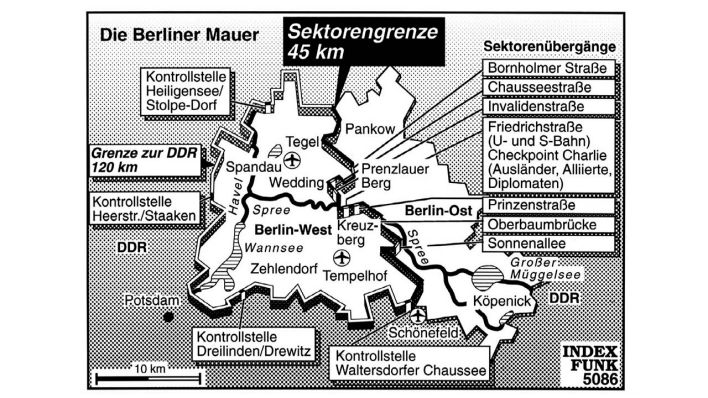 Die Berliner Mauer. Karte von Berlin mit Verlauf der Mauer und Sektorenübergängen. (Quelle: dpa/Globus)