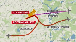 Auf einer Karte sind Flugrouten vom Flughafen BER in Berlin zu sehen. (Quelle: rbb)