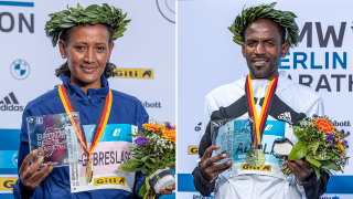 Die Äthiopierin Gotytom Gebreslase und der Äthiopier Guye Adola gewinnen den 47. Berlin Marathon am 26.09.2021. (Quelle: dpa/Andreas Gora)