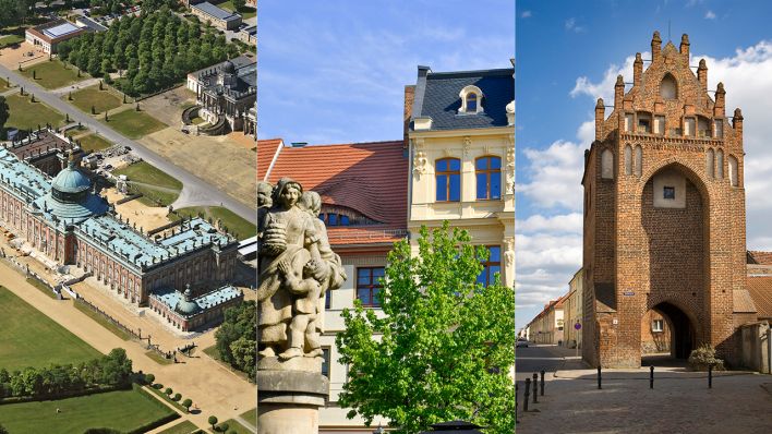 Collage: Neues Palais im Park von Schloss Sanssouci, Potsdam / Marktbrunnen, Altmarkt, Cottbus / Mühlentor, Templin (Quelle: dpa/Luftbild Bertram/Schoening/Julie Woodhouse)