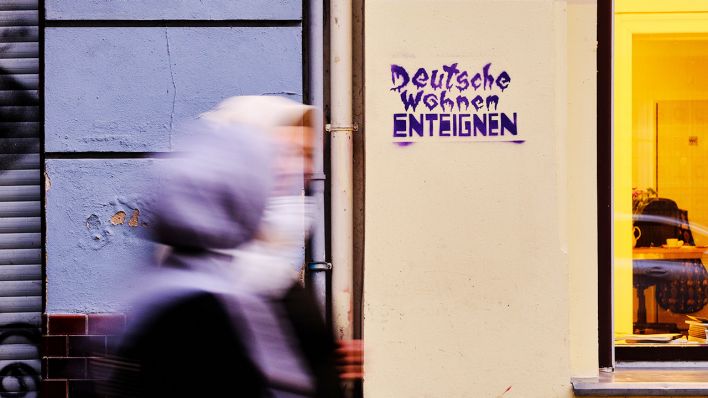 Zwei Frauen gehen am Abend in der Kohlfurter Straße im Stadtteil Kreuzberg an einem Grafitti „Deutsche Wohnen enteignen“ entlang. (Quelle: dpa/Stefan Jaitner)