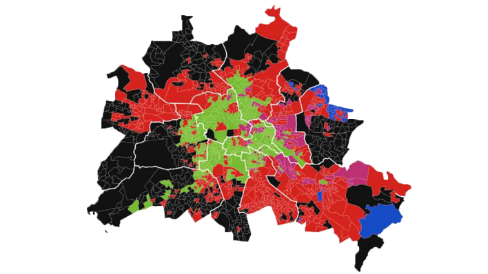 Eine Karte zeigt die Ergebnisse der Abgeordnetenhauswahl in Berlin verteilt auf die Wahlkreise (Quelle: tagesschau)