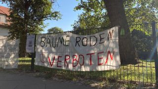 Banner mit der Aufschrift: <<BÄUME RODEN VERBOTEN>>. (Quelle: rbb/F. Ritter)