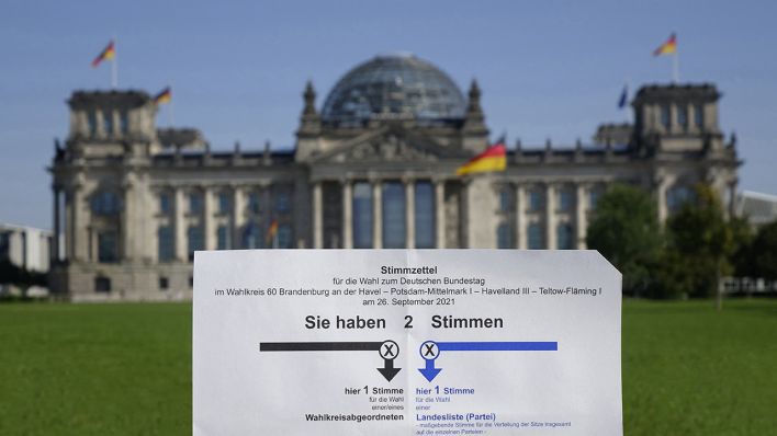 Symbolbild: Vor dem Reichstag befindet sich ein Stimmzettel zur Bundestagswahl. (Quelle: dpa/S. Steinach)