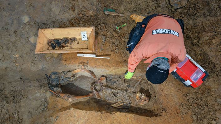 Ein Grabungstechniker vom Verein zur Bergung Gefallener in Osteuropa e.V. (VBGO), legt die sterblichen Überreste eines sowjetischen Soldaten aus dem Zweiten Weltkrieg in einem ehemaligen Schützengraben frei. (Quelle: dpa/Patrick Pleul)