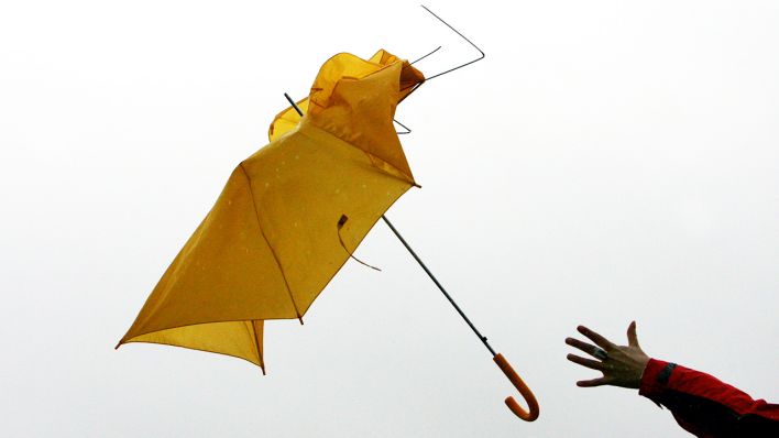 Der stürmische Wind nahe Frankfurt (Oder) entreißt am Donnerstag (18.01.2007) einer Frau den Regenschirm. (Quelle: dpa/Patrick Pleul)