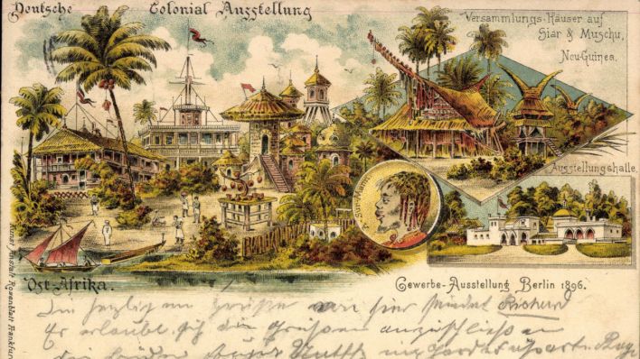 Auf einer Postkarte sind Szenen der Kolonialausstellung von 1896 in Berlin-Treptow abgebildet (Quelle: Imago Images)