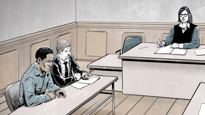 Illustration: Ein Geflüchteter sitzt während eines Prozesses in einem Gerichtssaal (Bild: Bart Sparnaaij)