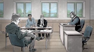 Illustration: Ein Geflüchteter sitzt während eines Prozesses in einem Gerichtssaal (Bild: Bart Sparnaaij)