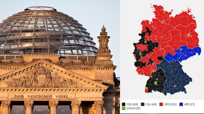 Collage: Foto vom Reichstagsbebäude; Karte zeigt Bundestagswahl-Ergebnisse Zweitstimme - stärkste Kraft in den einzelnen Bundesländern/Wahlkreisen. (Quelle: dpa/S. Ziese/ARD)