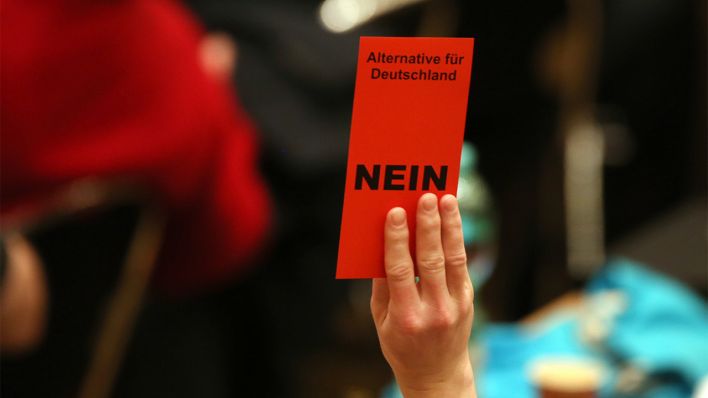 Symbolbild: Ein Delegierter hält eine Karte "Nein" bei einer Abstimmung bei dem Landesparteitag der AfD am 29.01.2017 hoch. (Quelle: dpa/Ina Fassbender)