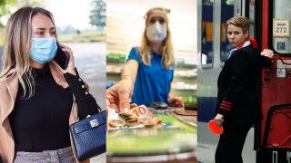 Collage: Eine junge Frau mit Mund-Nase-Schutzmaske telefoniert, eine Apothekerin nimmt Geld für ein Medikament entgegen, eine Schaffnerin wartet auf einem Gleis auf ein Signal. (Quelle: dpa/R. Kneschke/D. Inderlied/S. Stache)