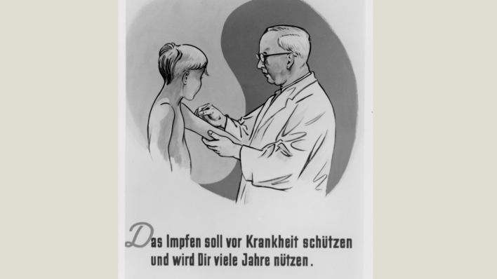 Ausstellungstafel: "Das Impfen soll vor Krankheit schützen und wird Dir viele Jahre nützen." DDR ca 1956. (Quelle: © Deutsches Hygiene Museum)