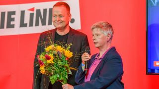 Linken-Spitzenkandidat Klaus Lederer und Landesvorsitzende Katina Schubert Festsaal Kreuzberg Berlin am 26.9.2021 (Bild: imago images/Fotostand)