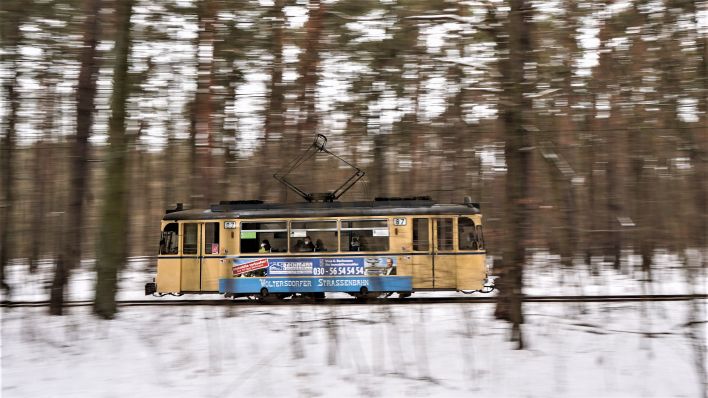 Die Straßenbahn Woltersdorf fährt durch den teilweise verschneiten Wald. (Quelle: Jörg Carstensen/dpa)