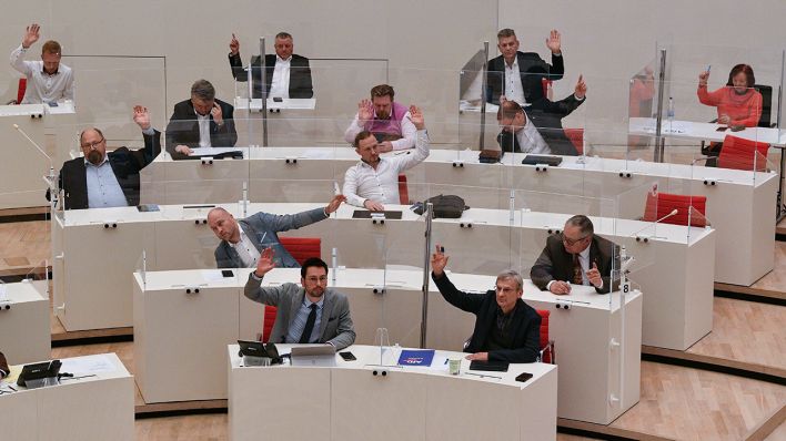 Die AfD stimmt in der Sondersitzung des Brandenburger Landtages gegen die Corona Maßnahmen der Landesregierung (Bild: dpa/Bernd Settnik)