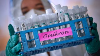 Symbolbild: Eine Corona-Testerin hält zahlreiche PCR-Tests in Violen mit der Aufschrift Omikron in den Händen. (Quelle: dpa/S. Simon)